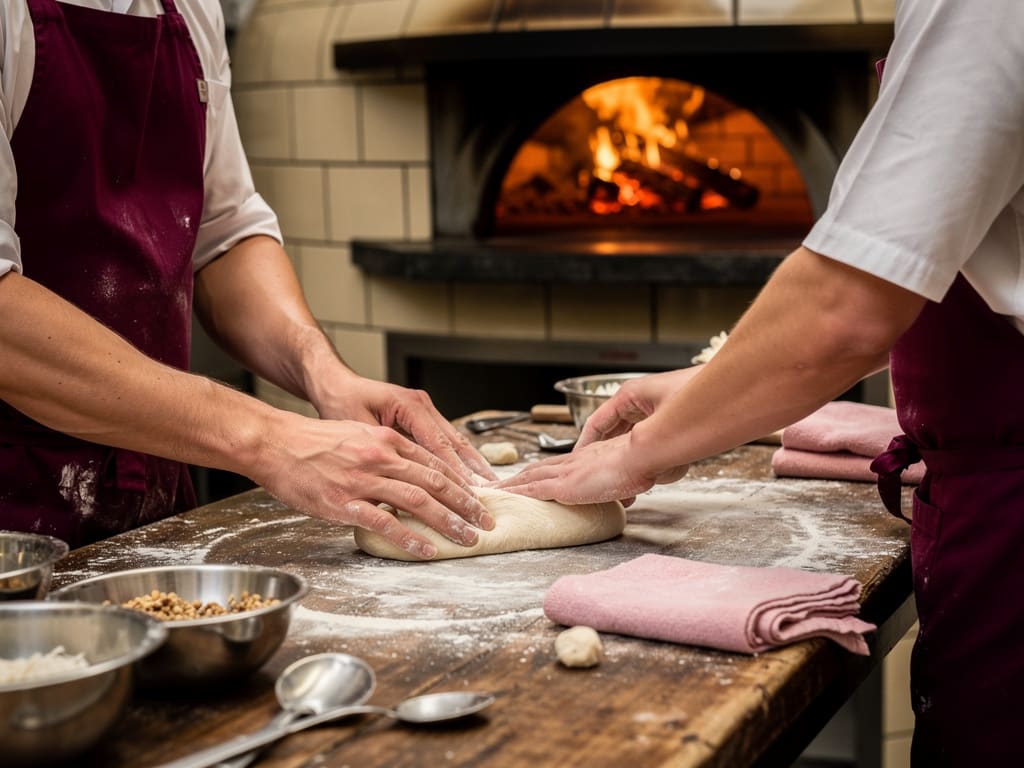 Mani al lavoro vicino al forno a legna di una piccola pizzeria